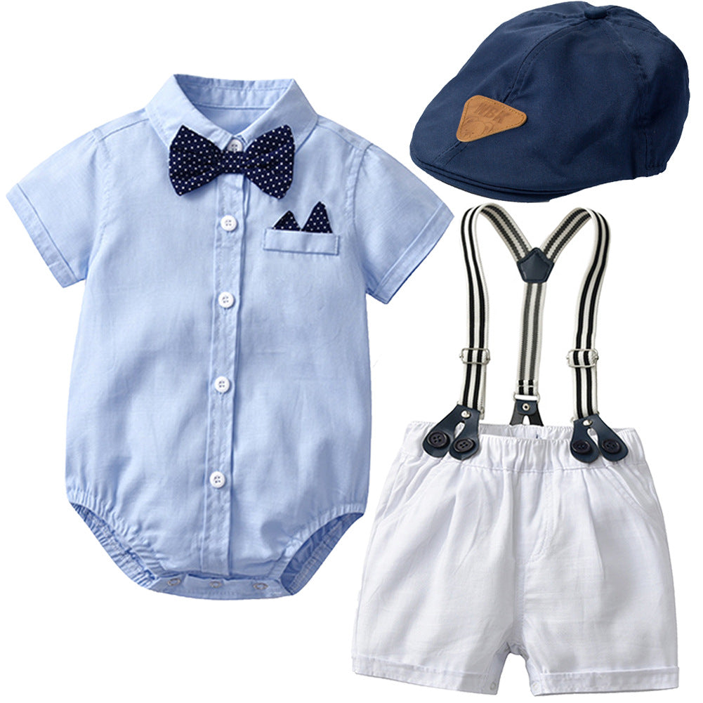 Newborn Baby Boy Gentleman Suit Romper Romper Hat Dress Shirt Bow Tie Strap Photo Onesie