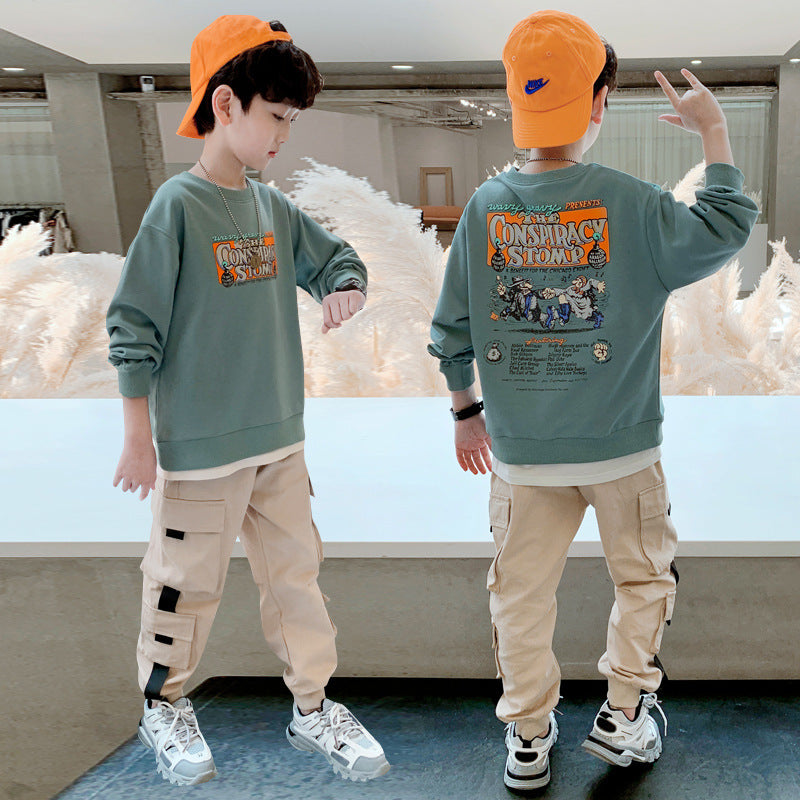 Boy'S Spring Suit New Children'S Middle Aged Children'S Spring And Autumn Casual Sweater Overalls Two-Piece Suit