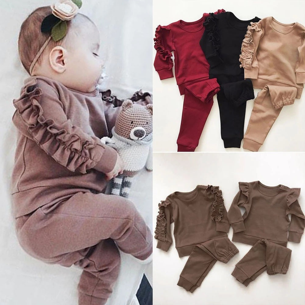 Newborn Baby Clothing Sets Boys Girls Ruffles Jumper Solid Long Sleeve Sweatshirt Tops Pants Infant Kids 2Pcs Outfits Clothes Set Fall Clothes