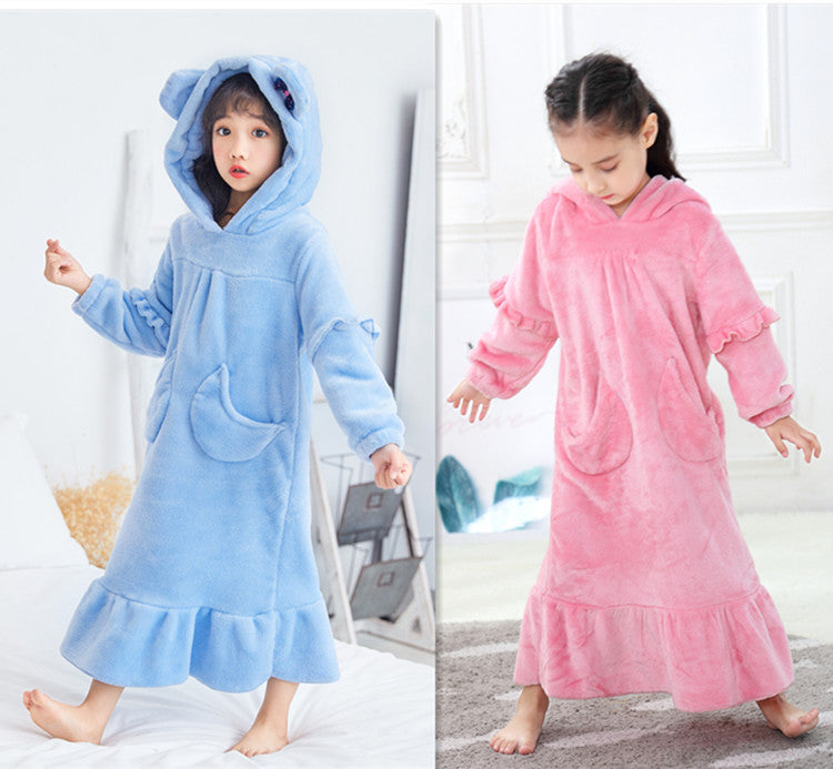 Warm Coral Fleece Double Sided Girls Long Moon Pocket Hooded Nightdress