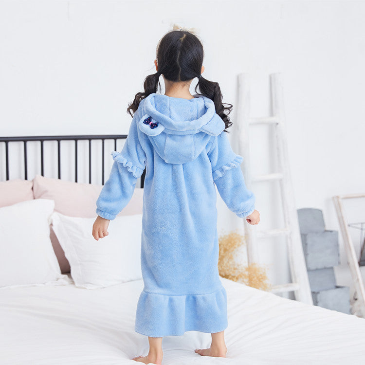 Warm Coral Fleece Double Sided Girls Long Moon Pocket Hooded Nightdress