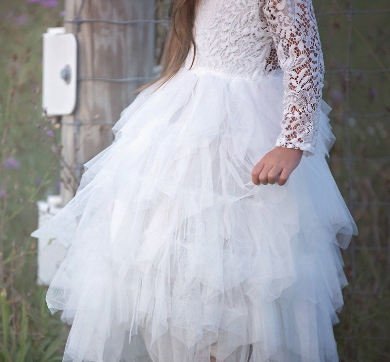 Autumn And Winter Explosions Hollow Children's Skirt Lace Long-sleeved Girls White Princess Dress Irregular Dress