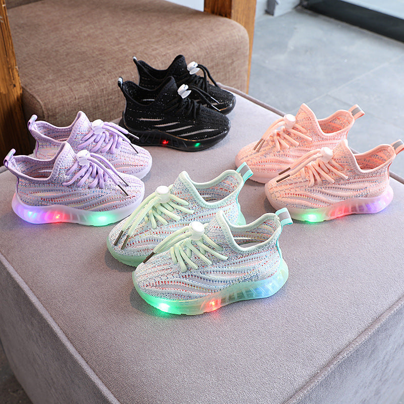 Girls' LED Light Fly-knit Sneakers Boys' Breathable Comfortable Soft Bottom Casual Shoes