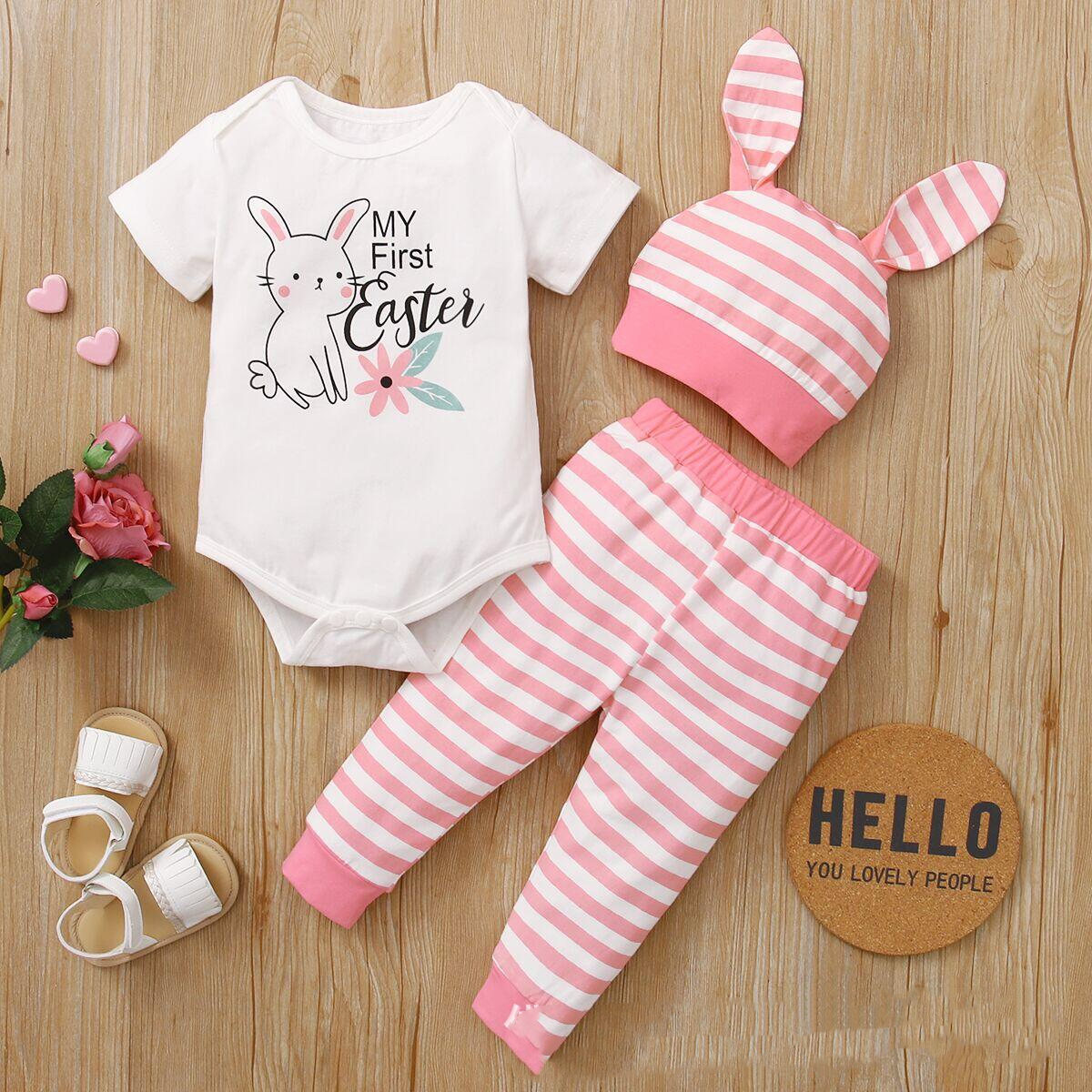 New Easter Print Rabbit Romper Three Piece 2 Colors  Three Sets