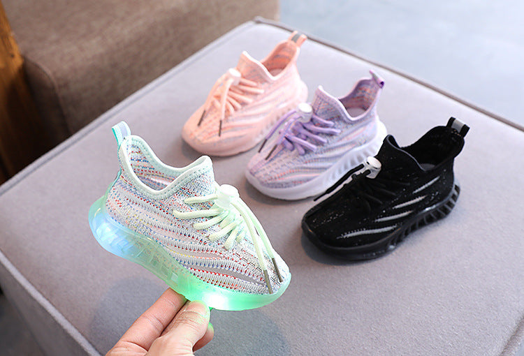 Girls' LED Light Fly-knit Sneakers Boys' Breathable Comfortable Soft Bottom Casual Shoes