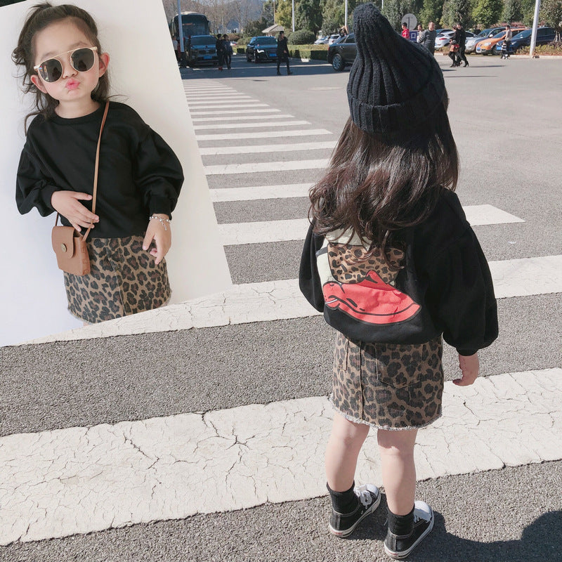 Duck Long Sleeve Sweater Leopard Print Denim Skirt Set