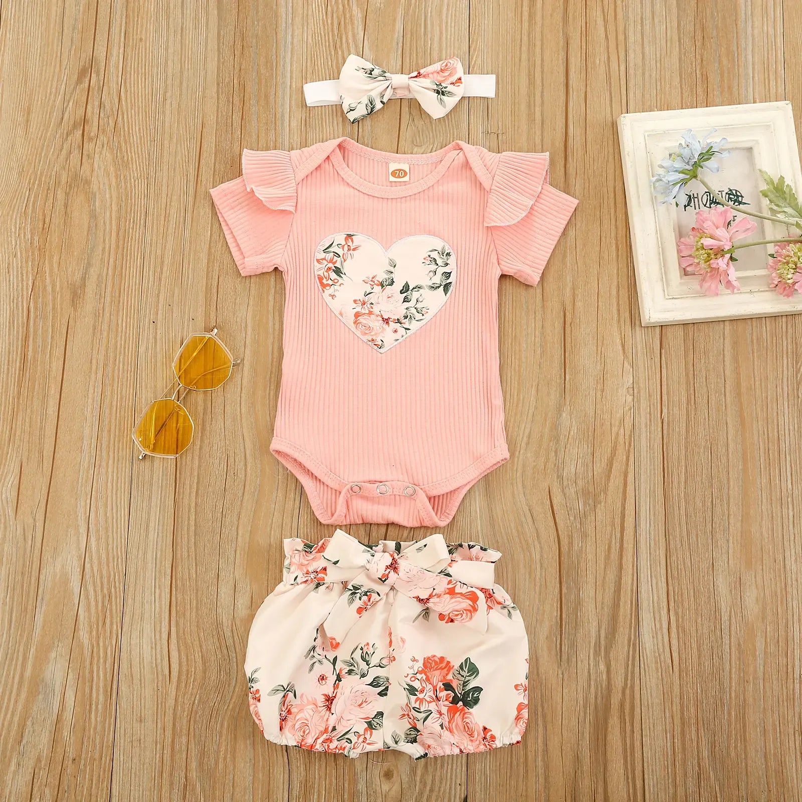 Flowers Heart Print Romper Outfit