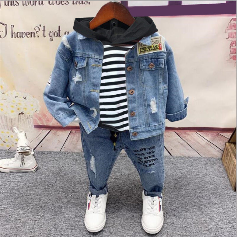 Fashion And Simple Children's Denim Three-piece Suit