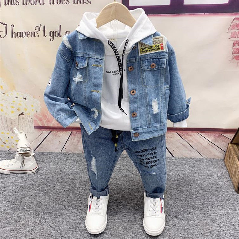 Fashion And Simple Children's Denim Three-piece Suit