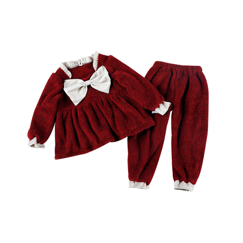 Coral Velvet Princess Little Girl Home Service Two-piece Suit