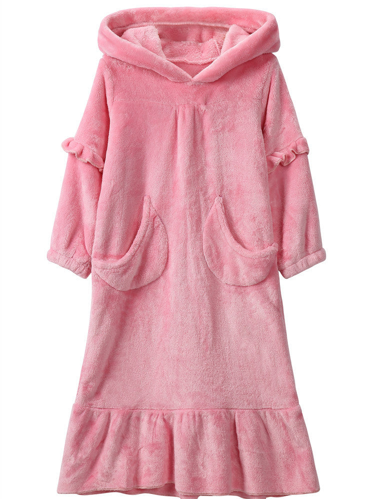 Warm Coral Fleece Double Sided Girls Long Moon Pocket Hooded Nightdress