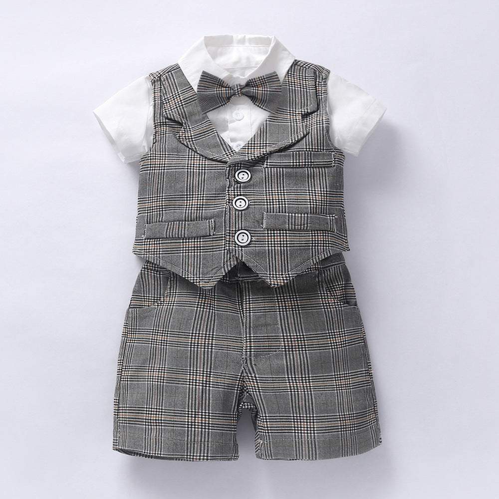 Baby Boy Gentleman Suit Romper Vest Shorts Bow Tie