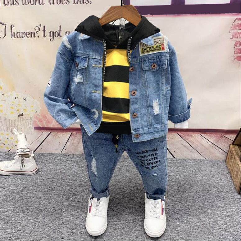 Fashion And Simple Children's Denim Three-piece Suit